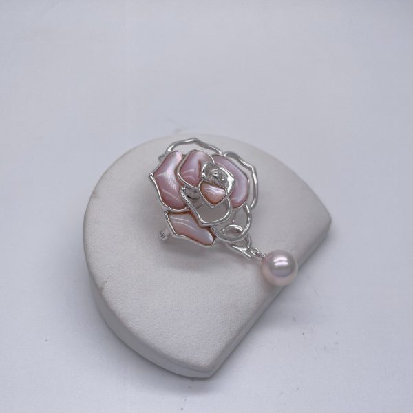 White Akoya Pearl Detachable Silver 'Rose' Brooch Pin (B17)