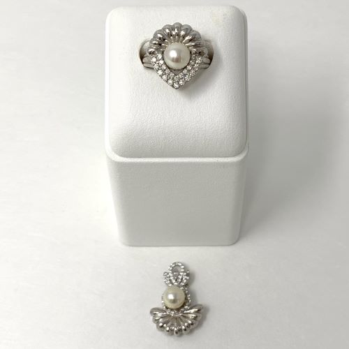 Akoya Pearl In Silver and Diamond Settings of Ring and Pendant