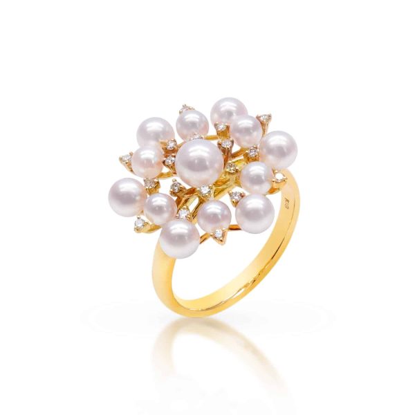 White Akoya Pearl Gold Diamond Ring (R52)