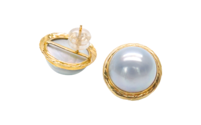 Grey Rainbow Mabe Pearl Yellow Gold Earrings (E249)